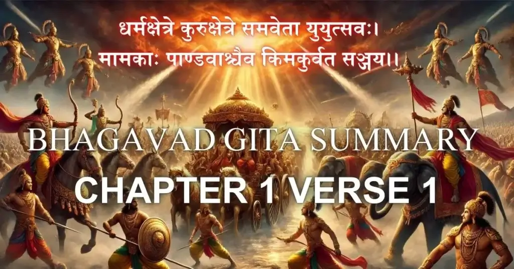 “Bhagavad Gita Summary – Chapter 1 Verse 1: a dramatic battlefield scene with Krishna and Arjuna on chariots,