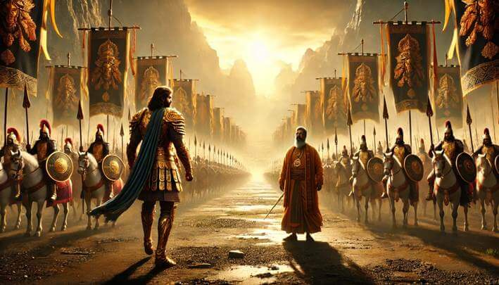 Bhagavad Gita summary 1.2...A grand battlefield of Kurukshetra at dawn, with two massive opposing armies in disciplined formations. King Duryodhana, wearing golden royal armor, approaches his teacher Dronacharya, who stands with a wise and contemplative expression. War banners wave, and the rising sun casts a golden glow, symbolizing the start of an epic war