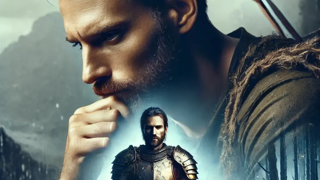 Bhagavad Gita Summary 1.5 : A thoughtful warrior with a rugged beard gazes downward in contemplation, while a knight in shining armor stands illuminated below, set against a misty battlefield backdrop.