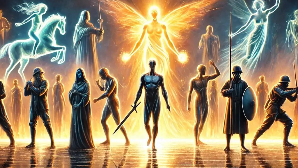 A group of luminous, ethereal warriors and divine figures, including armored soldiers, ghostly riders, and radiant beings with wings, assemble on a glowing battlefield with dramatic light effects.