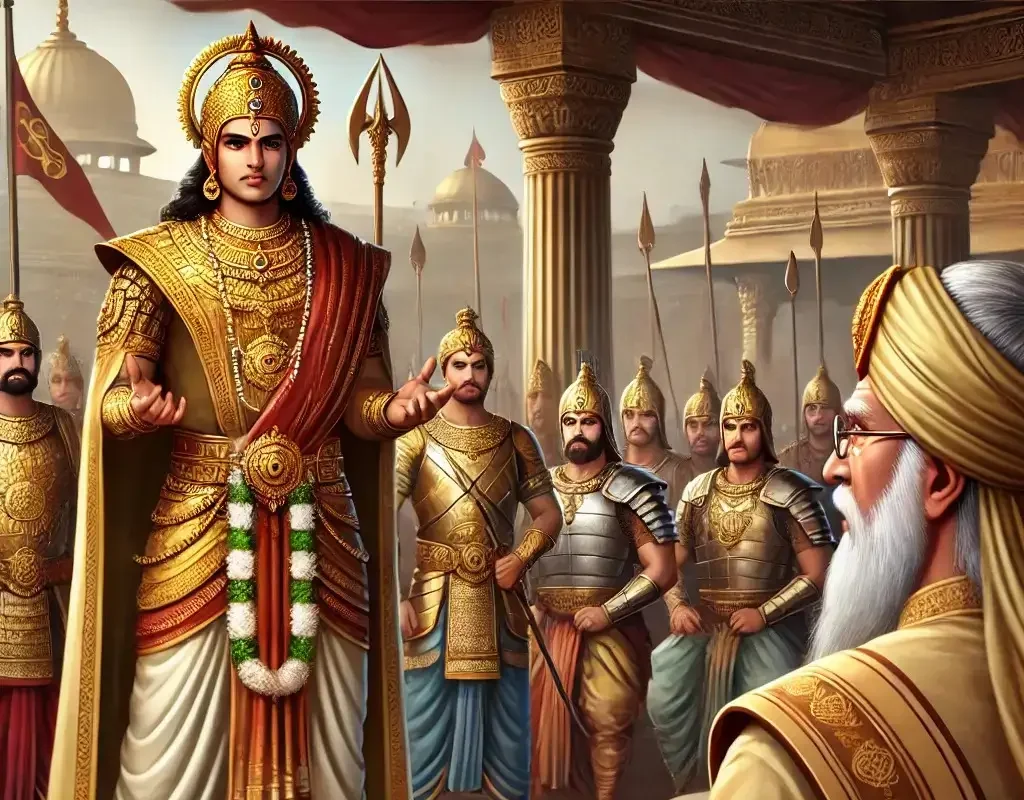 A royal assembly in the Mahabharata era—Duryodhana, dressed in grand warrior attire, stands before his teacher, Dronacharya, gesturing confidently. Behind him, Kaurava warriors in golden armor prepare for battle, while Dronacharya listens attentively. A simple interpretation of Bhagavad Gita summary 1.7