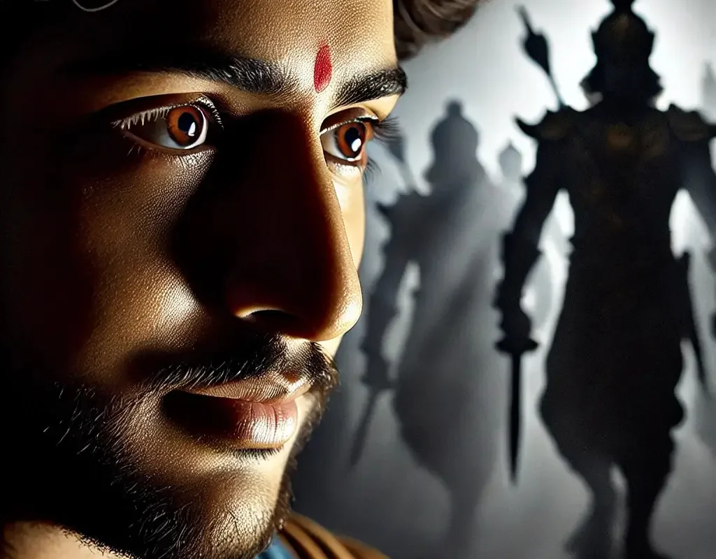 A close-up of Duryodhana’s face, eyes filled with confidence but a hint of worry. In the background, shadowy figures of Pandava warriors loom large, representing his unspoken fear. The lighting subtly contrasts his outward boldness with inner doubt.