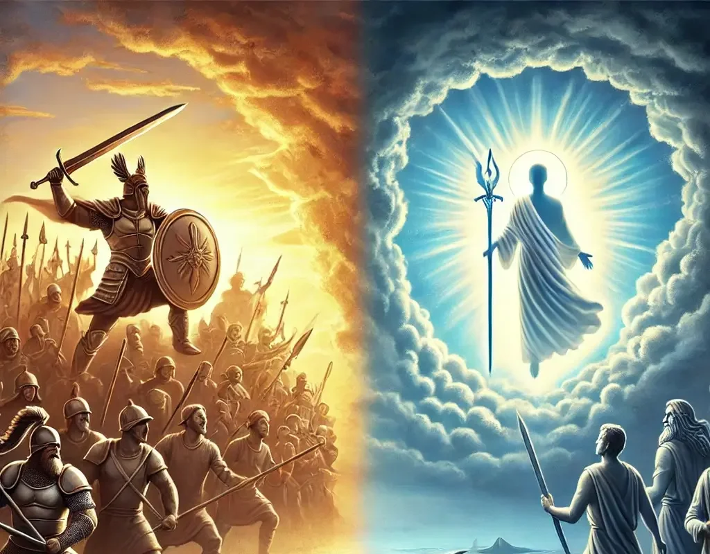 A symbolic scene in this Bhagavad Gita Chapter 1 Verse 7 showing two warriors—one surrounded by a large army (representing material strength) and another standing alone with a divine glow (representing righteousness). The sky is split, half stormy and half bright, symbolizing the battle of values