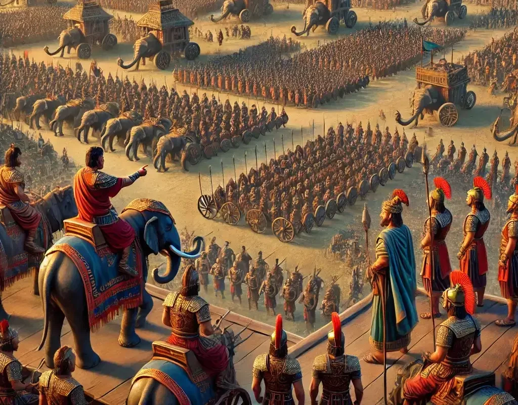 A bird’s-eye view of the Kurukshetra battlefield before war begins—thousands of soldiers, chariots, and elephants aligned in strategic formations. On a raised platform, Duryodhana points at key generals while discussing strategy with his commanders