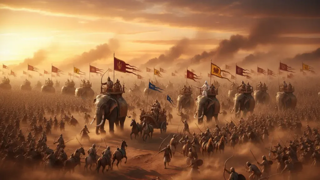 A high-contrast, symbolic illustration of two ancient Indian warriors representing opposing forces. On the left, a powerful figure is shrouded in dark shadows, holding a mace against a backdrop of a fiery, chaotic sunset. On the right, a calm and serene warrior is bathed in a brilliant divine glow, wearing white and gold traditional attire, standing before a peaceful temple and a banyan tree. Pink lotus flowers bloom on the ground between the two figures, highlighting the contrast between ego and dharma.