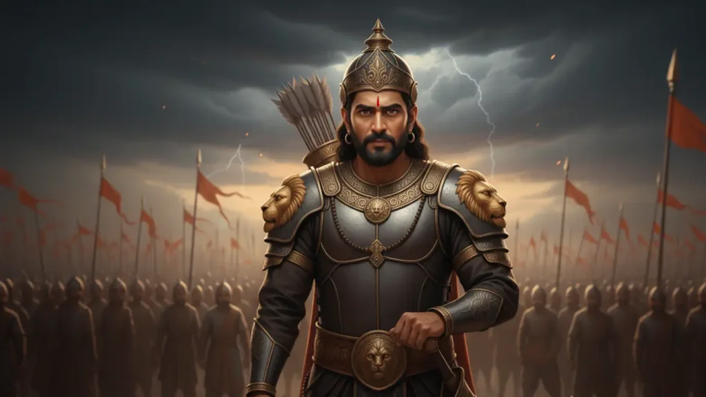 A high-contrast, symbolic illustration of two ancient Indian warriors representing opposing forces. On the left, a powerful figure is shrouded in dark shadows, holding a mace against a backdrop of a fiery, chaotic sunset. On the right, a calm and serene warrior is bathed in a brilliant divine glow, wearing white and gold traditional attire, standing before a peaceful temple and a banyan tree. Pink lotus flowers bloom on the ground between the two figures, highlighting the contrast between ego and dharma.