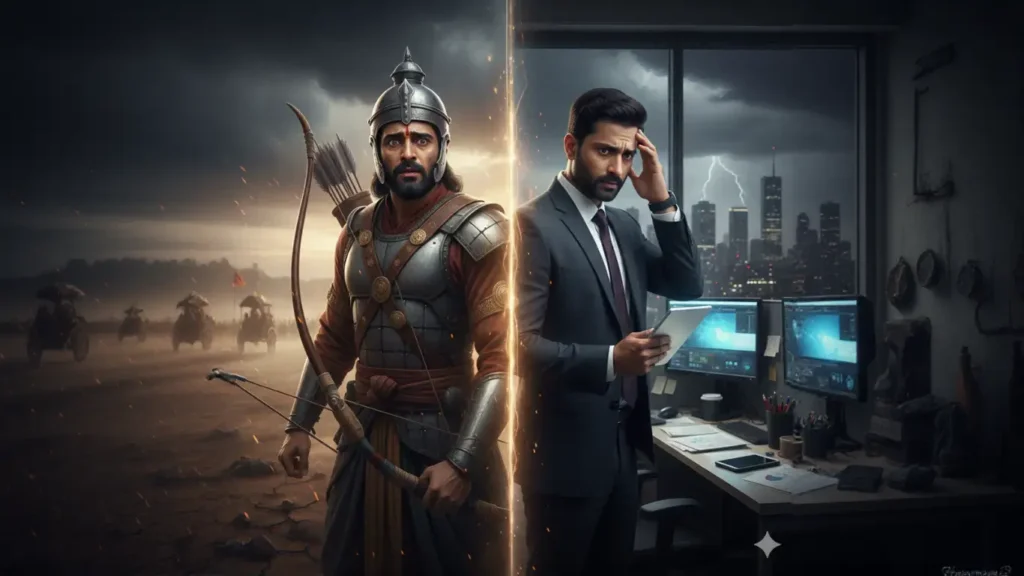A split-screen cinematic composition. On the left, an ancient Indian warrior in detailed iron armor and a helmet holds a bow, his face marked by visible anxiety and sweat on a dusty battlefield. A thin, glowing vertical line separates him from the right side, which depicts a modern corporate leader in a dark suit. The modern man mirrors the warrior's stressed expression, holding a tablet and touching his forehead in a high-rise office overlooking a rainy city skyline with lightning.