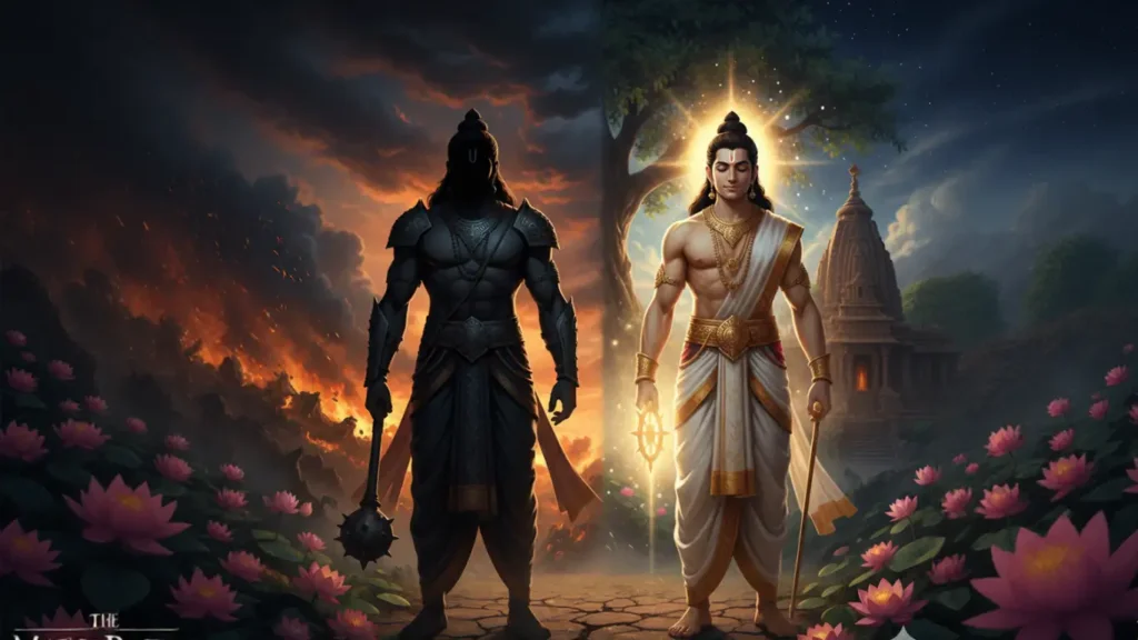 A high-contrast, symbolic illustration of two ancient Indian warriors representing opposing forces. On the left, a powerful figure is shrouded in dark shadows, holding a mace against a backdrop of a fiery, chaotic sunset. On the right, a calm and serene warrior is bathed in a brilliant divine glow, wearing white and gold traditional attire, standing before a peaceful temple and a banyan tree. Pink lotus flowers bloom on the ground between the two figures, highlighting the contrast between ego and dharma Which we can show at Bhagavad Gita Summary 1.8.