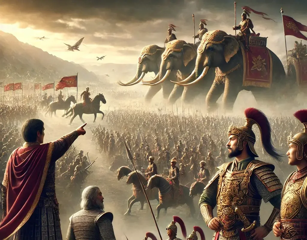 A grand battlefield scene with two massive armies facing off, representing the epic scale of the Mahabharata.