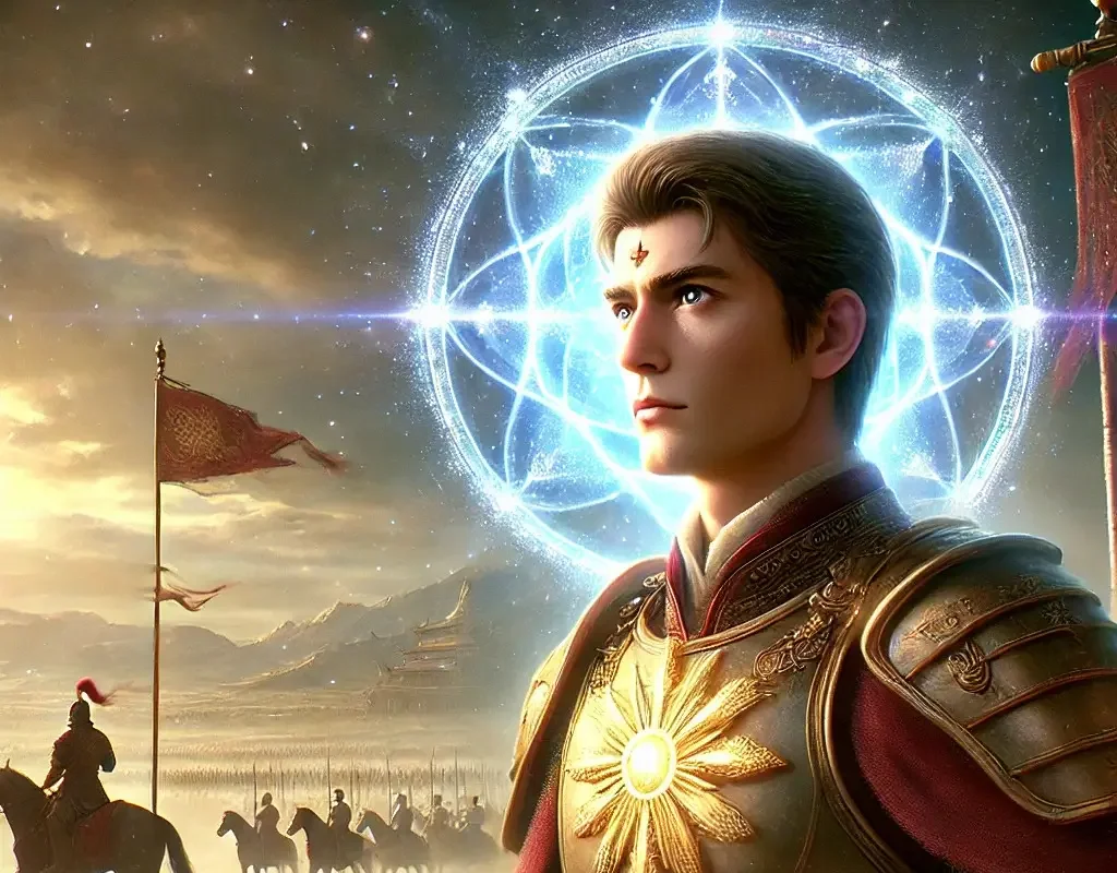 A grand battlefield scene with two massive armies facing off, representing the epic scale of the Mahabharata.