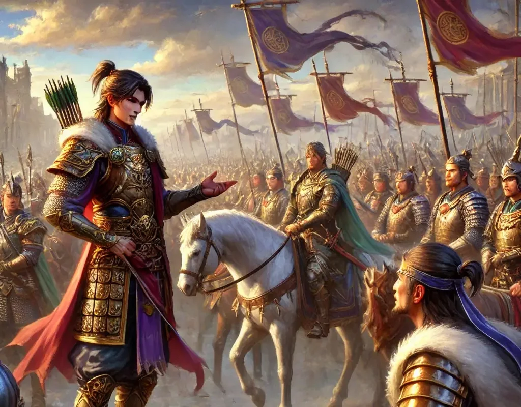 Epic warrior general in ornate purple and gold armor with red cape, standing on white horse addressing armored army with bows on dusty battlefield under dramatic cloudy sky. A scene depicting Bhagavad Gita Summary 1.6