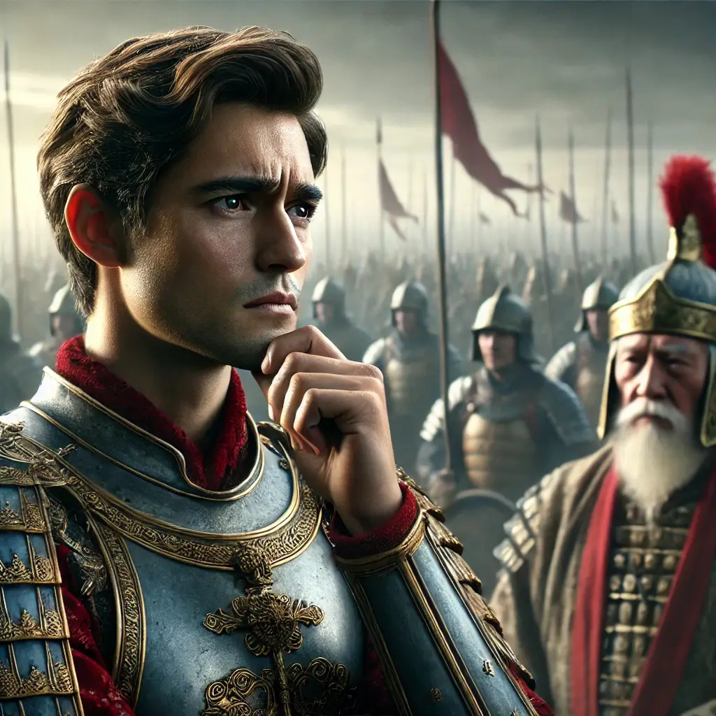 The prince gazing at the horizon, deeply contemplating the true meaning of war.