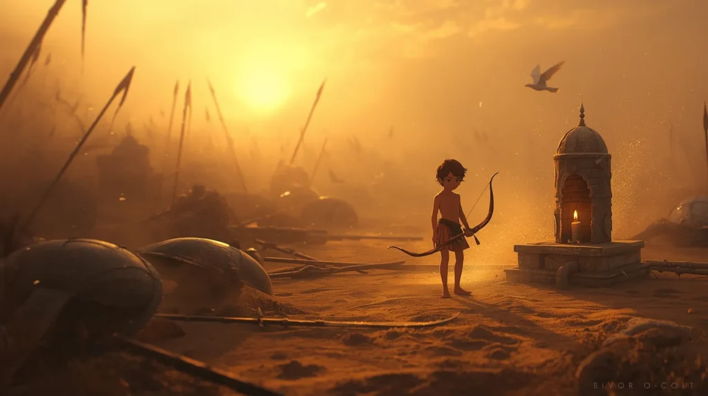 A young village boy with a wooden bow standing among giant abandoned shields on a golden ancient battlefield at sunrise.