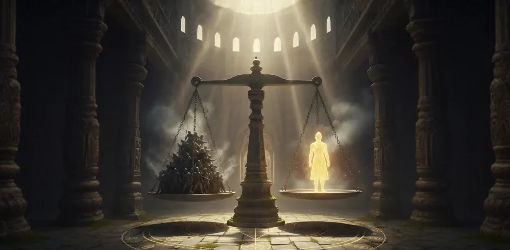 Ancient stone weighing scale balancing countless shadow soldiers against one glowing figure of light, symbolizing Dharma outweighing numbers.