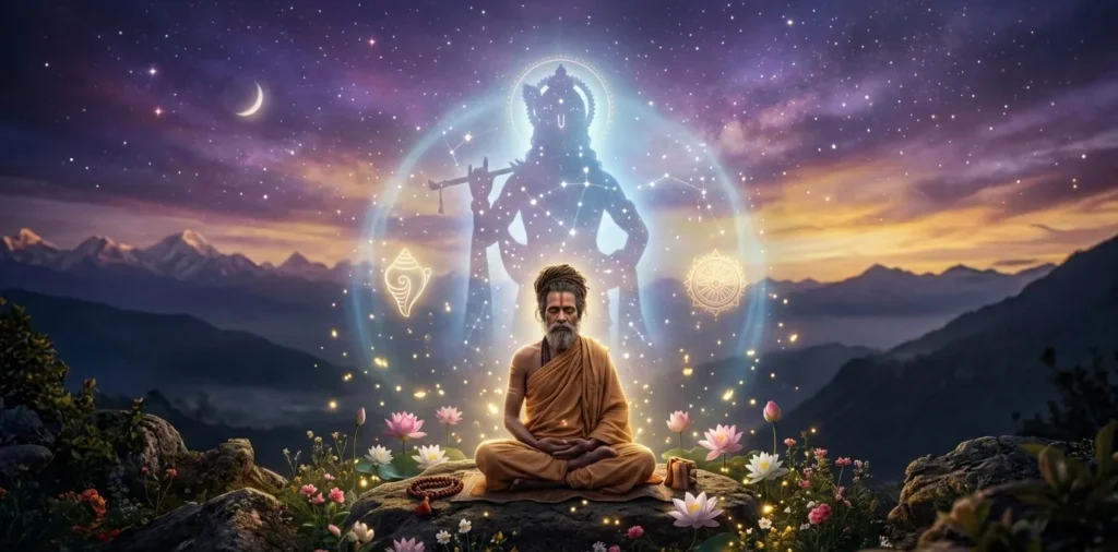 Meditating yogi on a hilltop surrounded by golden light with a faint divine Krishna-like silhouette protecting him under a cosmic twilight sky