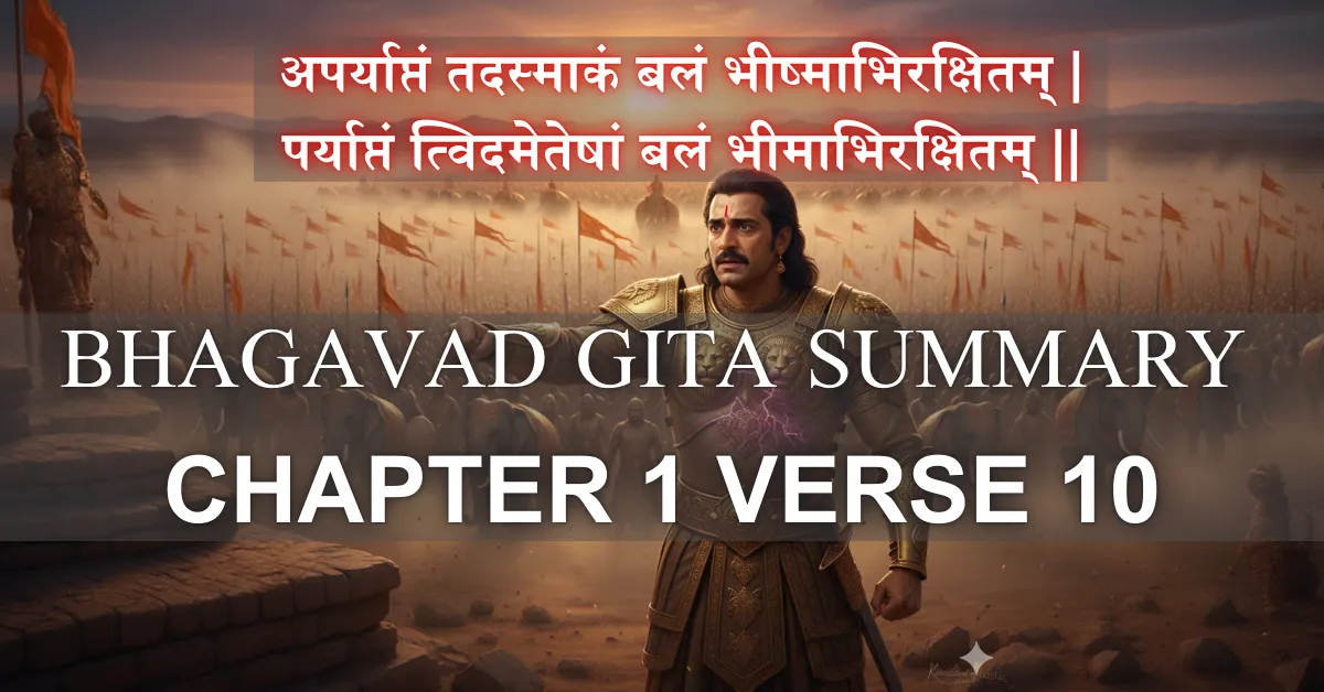 Duryodhana standing proudly before a vast Kaurava army at Kurukshetra while showing subtle fear on his face, contrasting chaotic crowds with the calm glowing Pandava army in the distance.Bhagavad Gita Summary 1.10 gonna begin its journey. Featured Image .