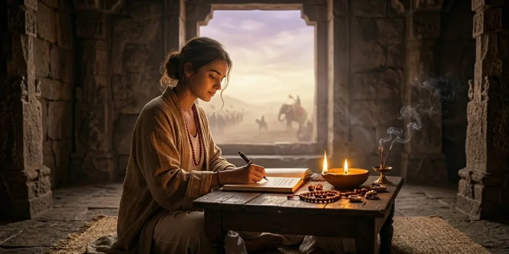 Young seeker writing strengths in a journal beside a glowing diya in an ancient stone room, with battlefield fading outside the window.
