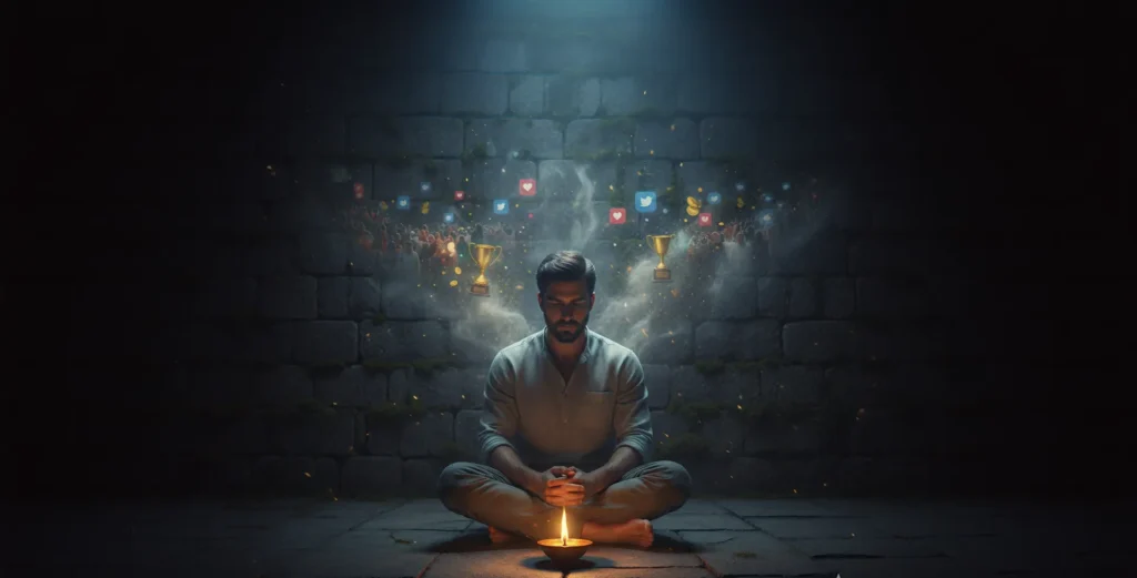 A lone seeker meditating beside a diya flame while ghostly images of crowds and achievements fade away into mist behind him.