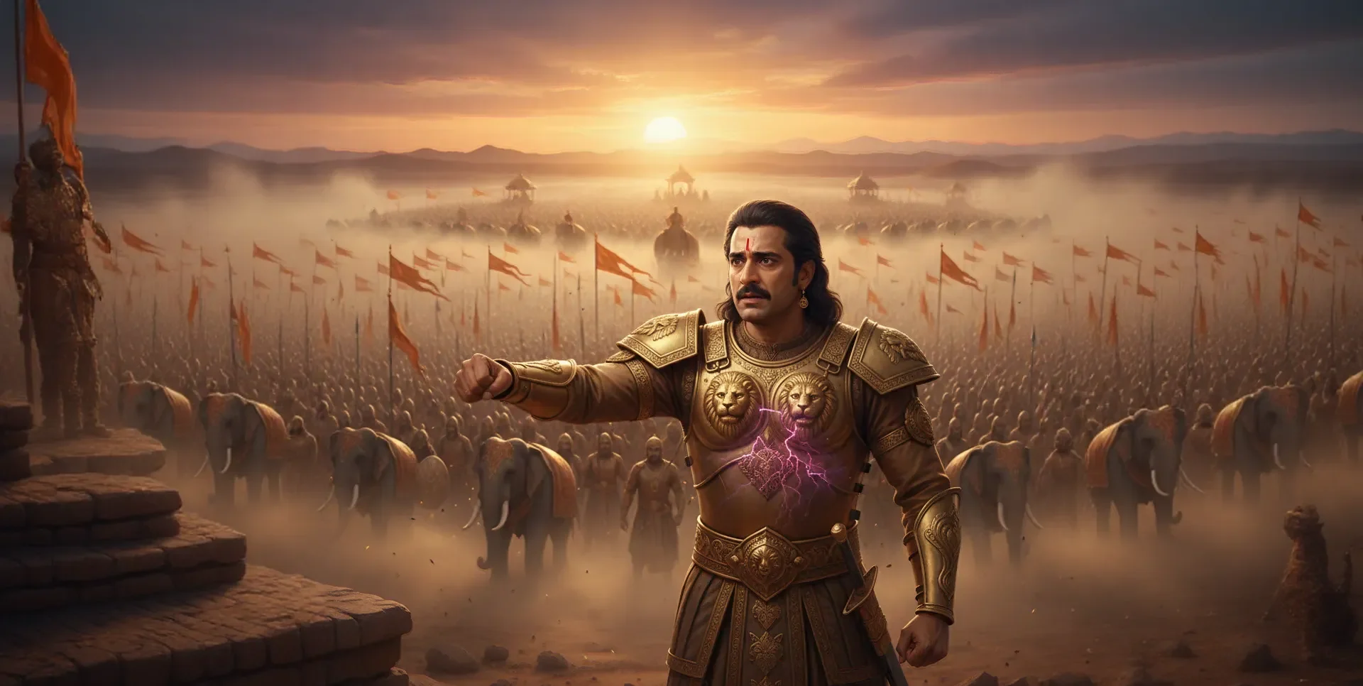 Duryodhana standing proudly before a vast Kaurava army at Kurukshetra while showing subtle fear on his face, contrasting chaotic crowds with the calm glowing Pandava army in the distance.