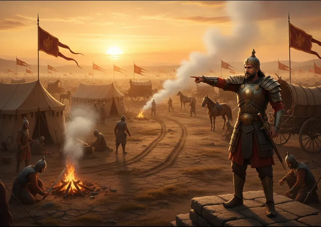 A royal commander in armor pointing toward a horizon of saffron flags and army tents during a cold misty morning at Kurukshetra battel field in Bhagavad Gita Chapter 1 Verse 9