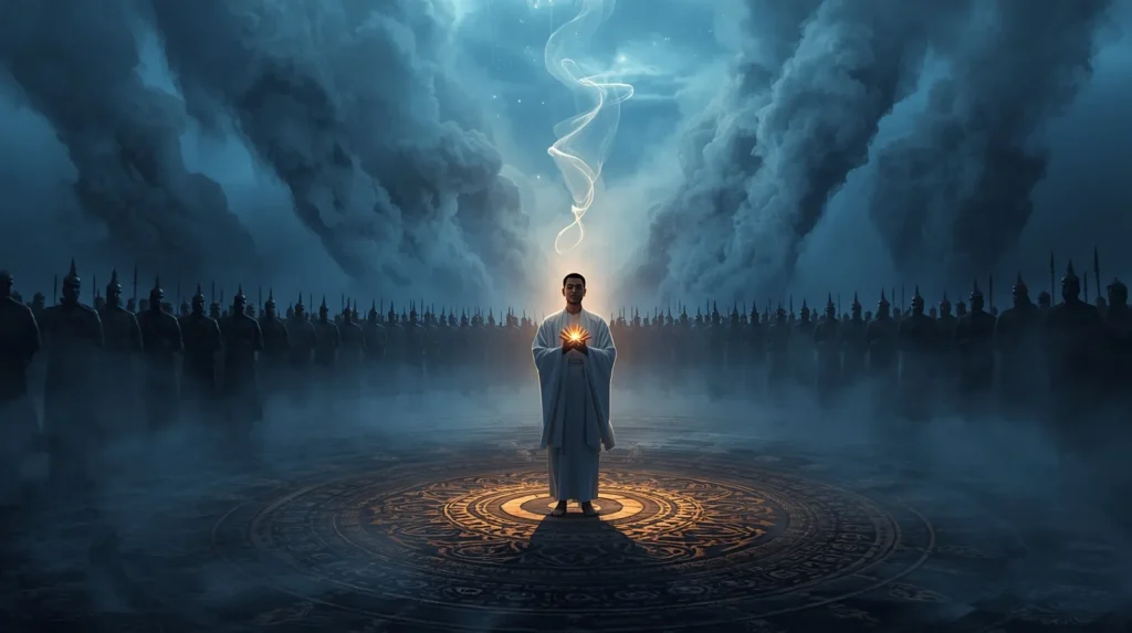 Divine seeker in white robes glowing with light as an army of shadows dissolves into smoke under a galaxy sky.