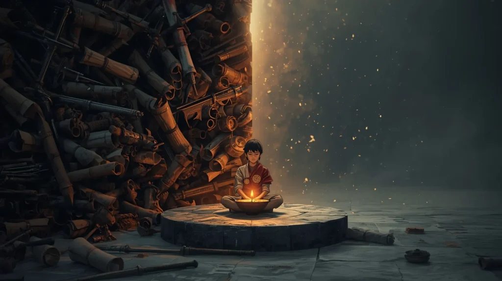 A split scene showing a chaotic pile of weapons on one side and a peaceful young man meditating beside a glowing diya on a stone platform.