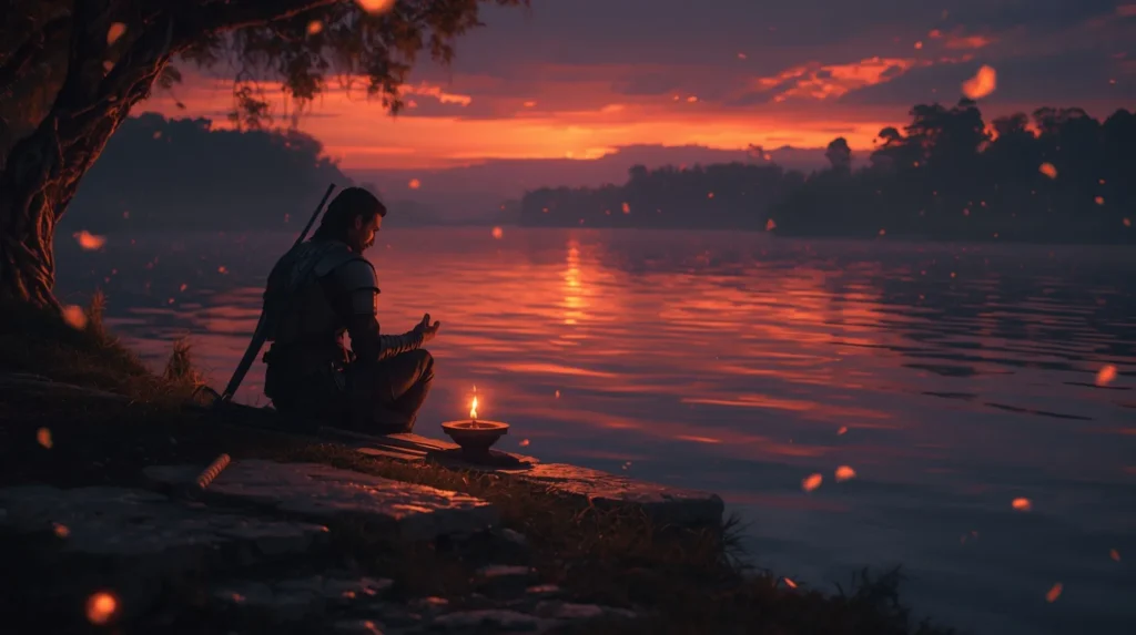 A lone traveler sitting on riverbank steps at sunset, watching a diya flame with his armor placed neatly aside in reflection.