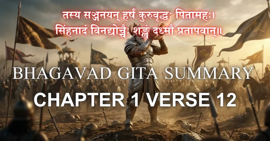 Bhagavad Gita Summary 1.12 scene of Bhishma blowing his conch at Kurukshetra at dawn, symbolizing the awakening of inner courage before battle.