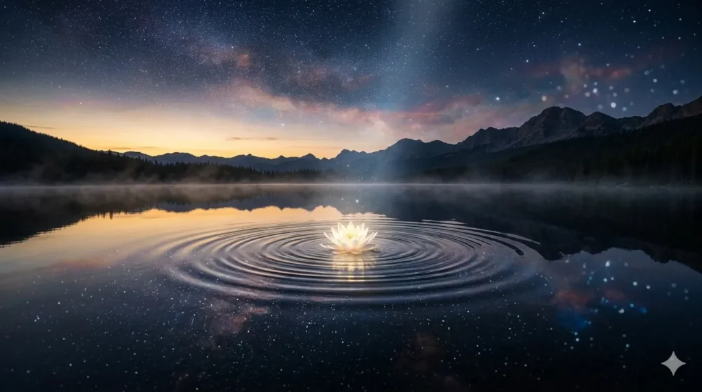 Still cosmic lake reflecting a starry sky with a ripple breaking the reflection and a glowing lotus at the center, symbolizing attachment and eternal Self.