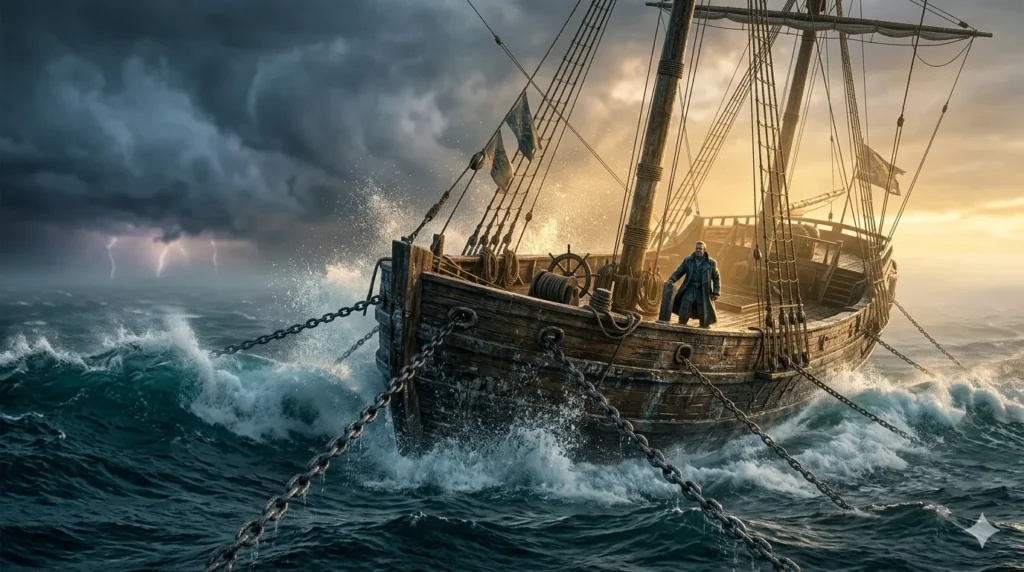 Large wooden ship anchored by multiple iron chains during a stormy sea with golden light breaking through clouds, symbolizing resilience and stability.