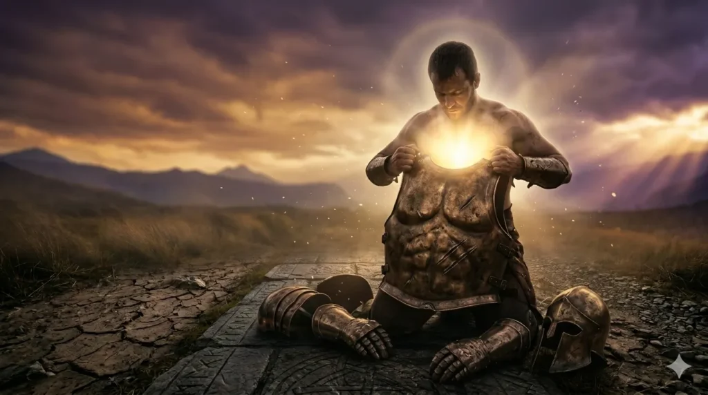 Warrior removing heavy bronze armor revealing radiant golden light from his heart, symbolizing awakening to the inner Self.