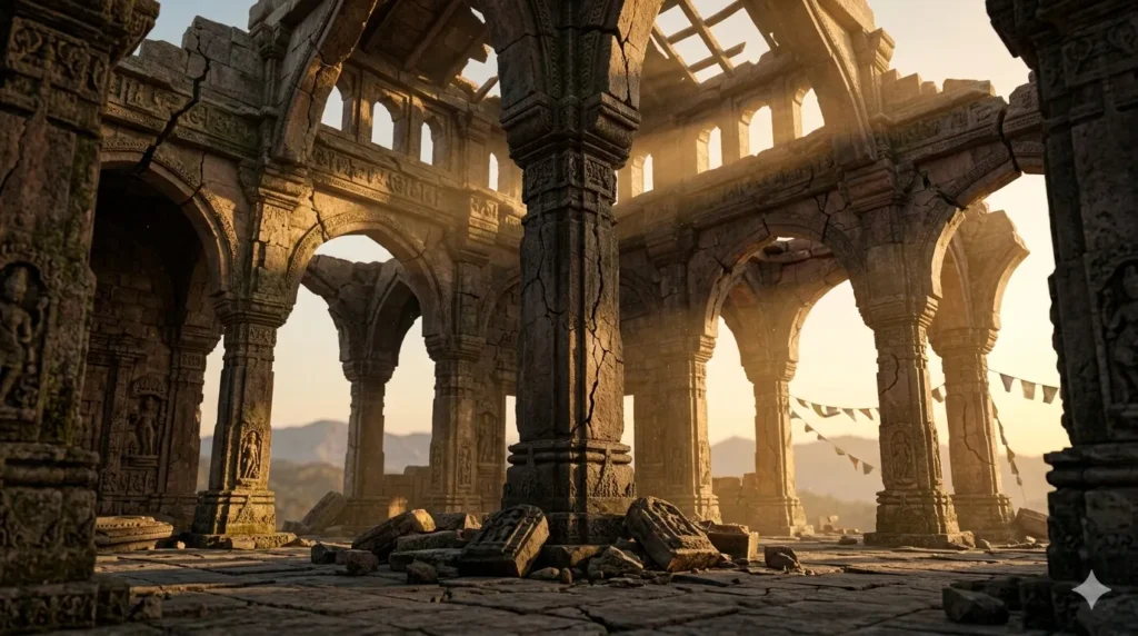 Ancient stone temple supported by one cracked central pillar with golden light filtering through ruins, symbolizing overdependence and instability. A Simple explanation of Bhagavad Gita Summary 1.11