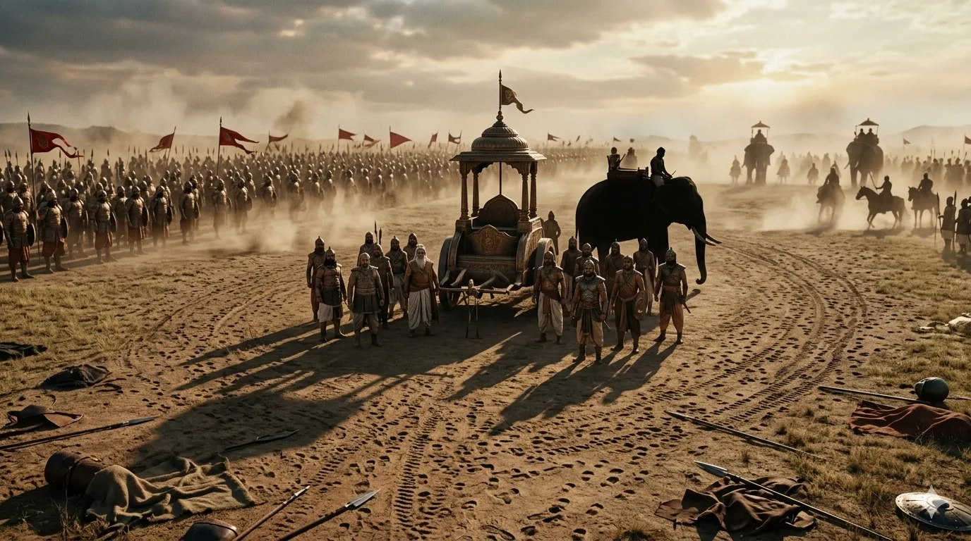 Authentic depiction of ancient Kurukshetra battlefield with Kaurava army formations, bronze armor, dusty terrain and rising sun.