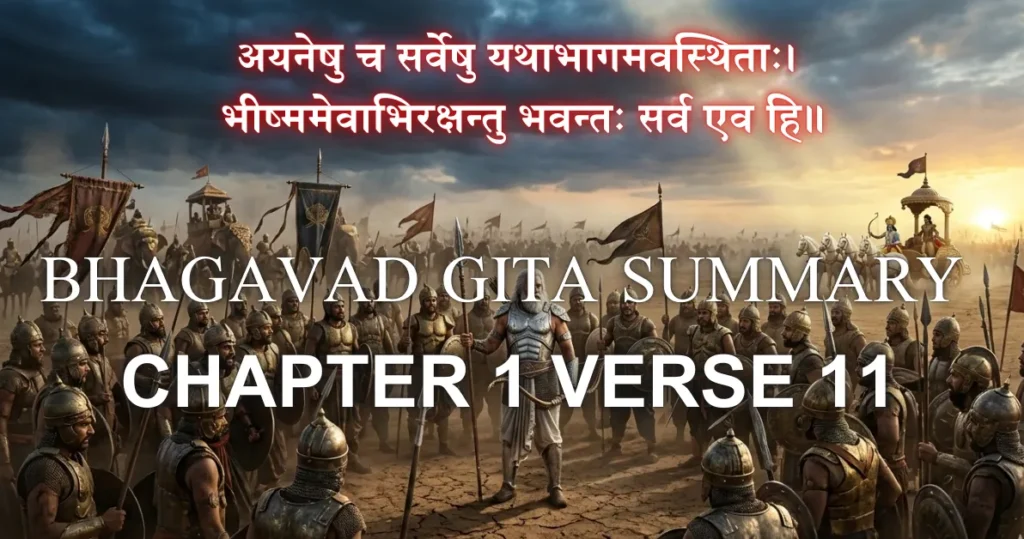 Panoramic Kurukshetra battlefield at sunrise with Bhishma surrounded by Kaurava warriors while Krishna and Arjuna observe calmly in the distance, symbolizing fear and inner wisdom in Bhagavad Gita 1.11.