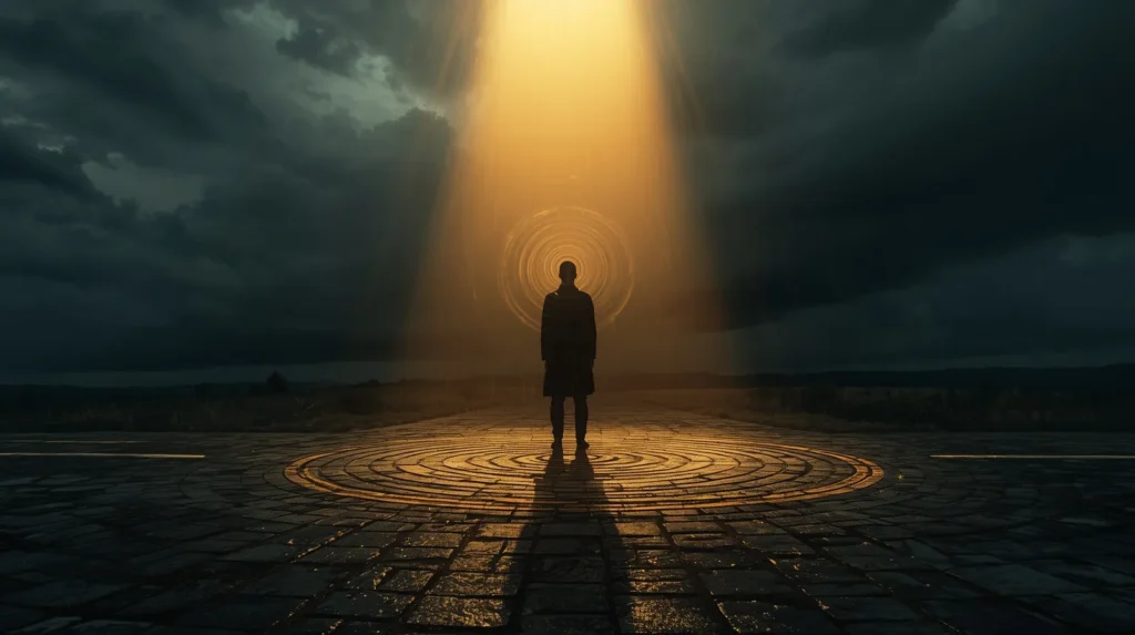 Bhagavad Gita Summary 1.12 symbolic image of a calm figure standing in storm light representing mental clarity before action.