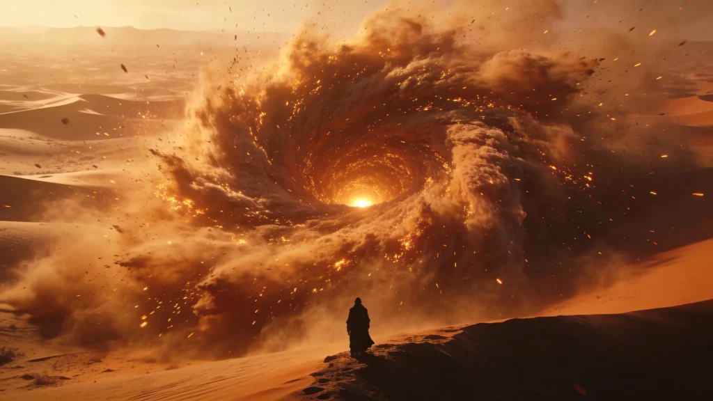 A silhouette facing a golden sandstorm, depicting the mental noise discussed in Bhagavad Gita Summary 1.13.