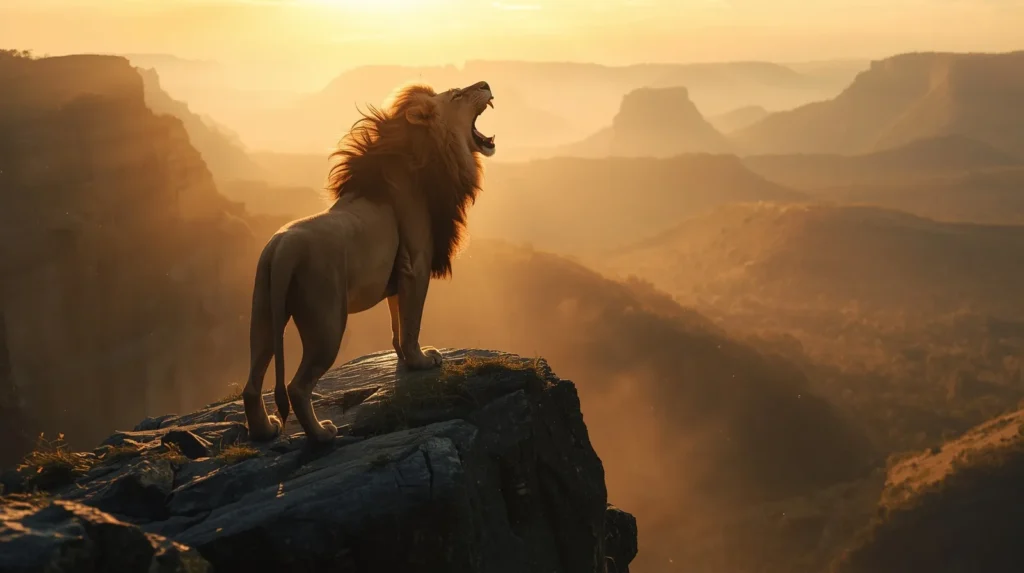 Bhagavad Gita Summary 1.12 visual of a lion roaring at sunrise representing simple courage awakening before action.