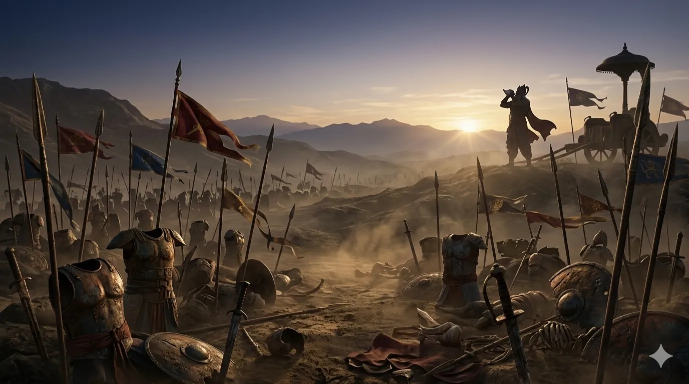 Bhagavad Gita Summary 1.12 realistic depiction of Kurukshetra battlefield with ancient banners and Bhishma holding a conch.