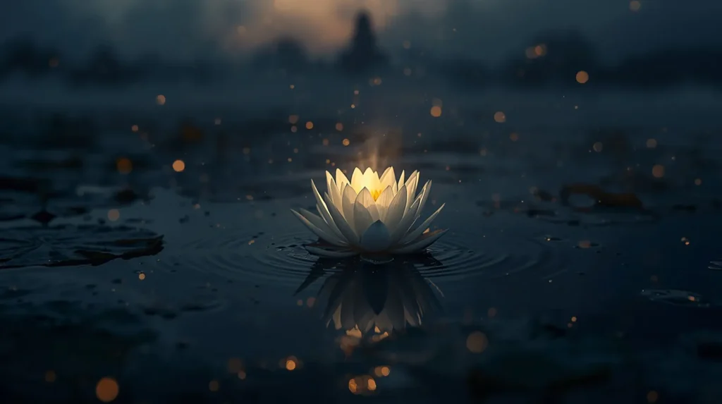 Bhagavad Gita Summary 1.12 image of a glowing lotus emitting vibration on dark water symbolizing inner divine awakening.