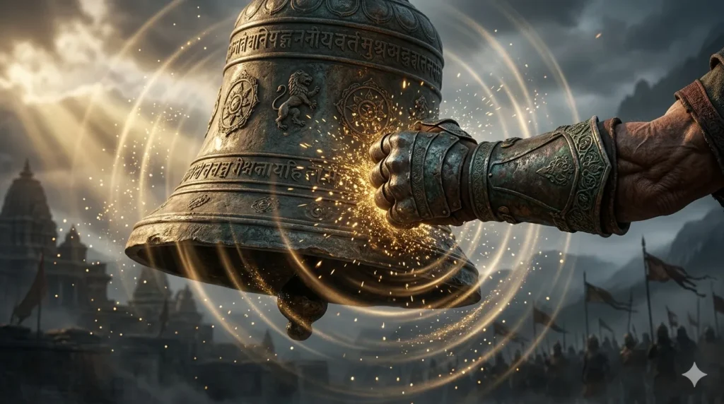 An iron hand striking a large bell with golden sparks, symbolizing the action step in Bhagavad Gita Summary 1.13.