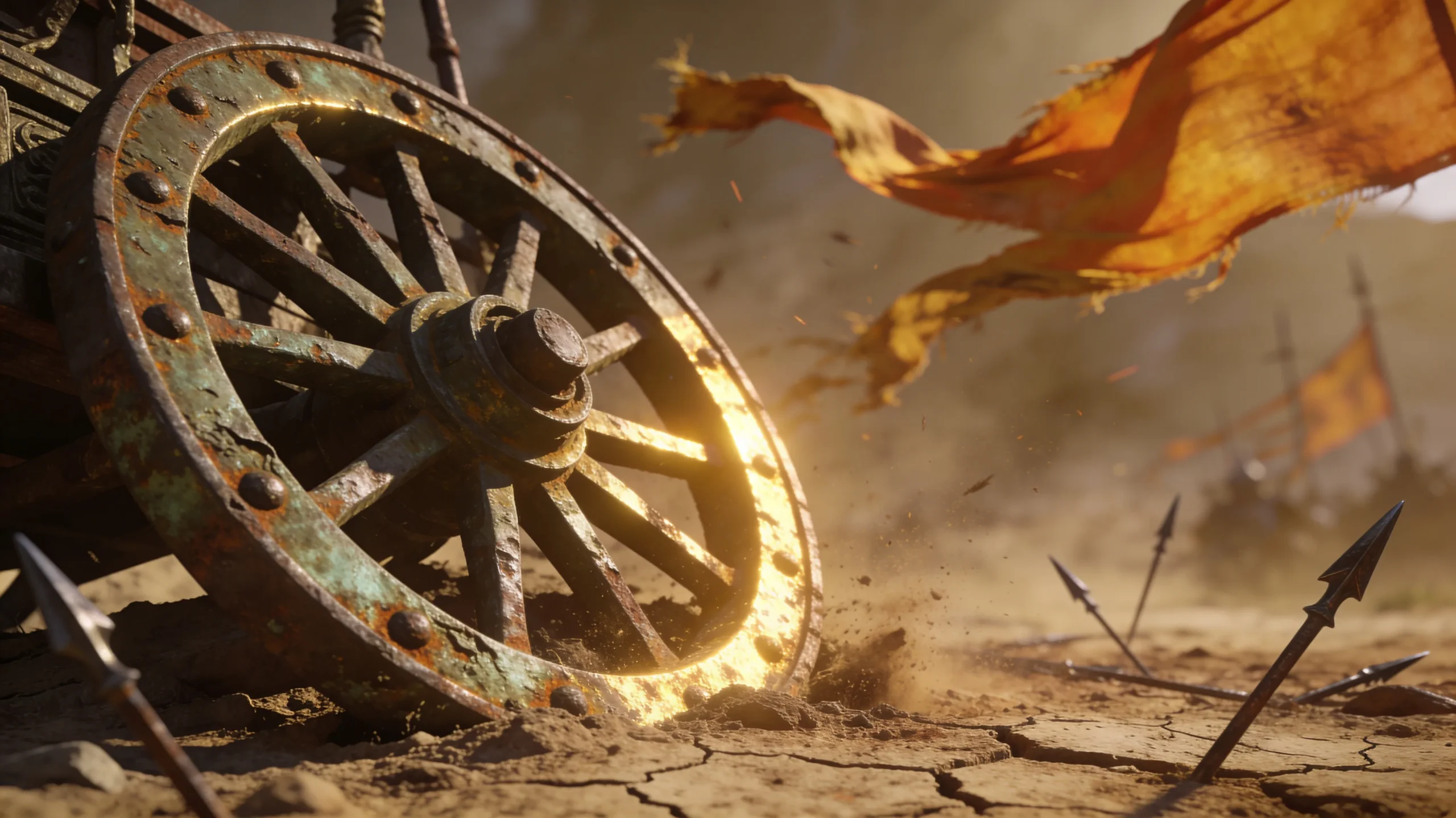 A weathered bronze chariot wheel on the cracked earth of Kurukshetra, referencing Bhagavad Gita Summary 1.13.