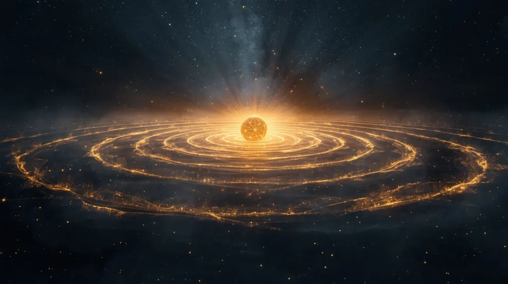 Bhagavad Gita Summary 1.12 artistic depiction of sacred vibration forming light in the cosmos symbolizing sound shaping reality.