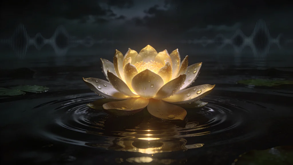 Bhagavad Gita Summary 1.13 glowing lotus in dark water symbolizing inner stillness