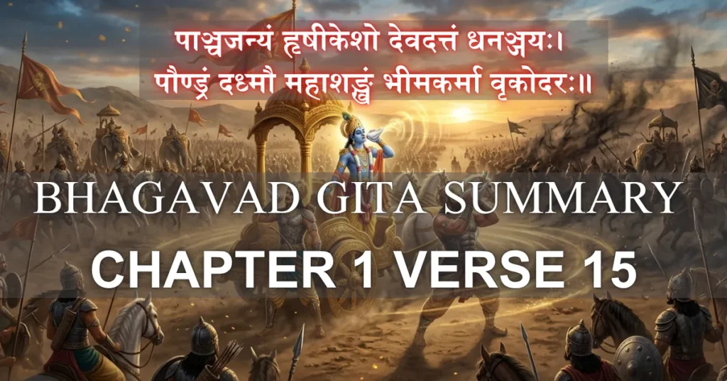 Bhagavad Gita Summary 1.15 showing Krishna, Arjuna, and Bhima blowing divine conches on Kurukshetra battlefield with golden sound waves overcoming darkness.