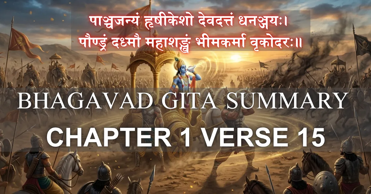 Bhagavad Gita Summary 1.15 showing Krishna, Arjuna, and Bhima blowing divine conches on Kurukshetra battlefield with golden sound waves overcoming darkness.