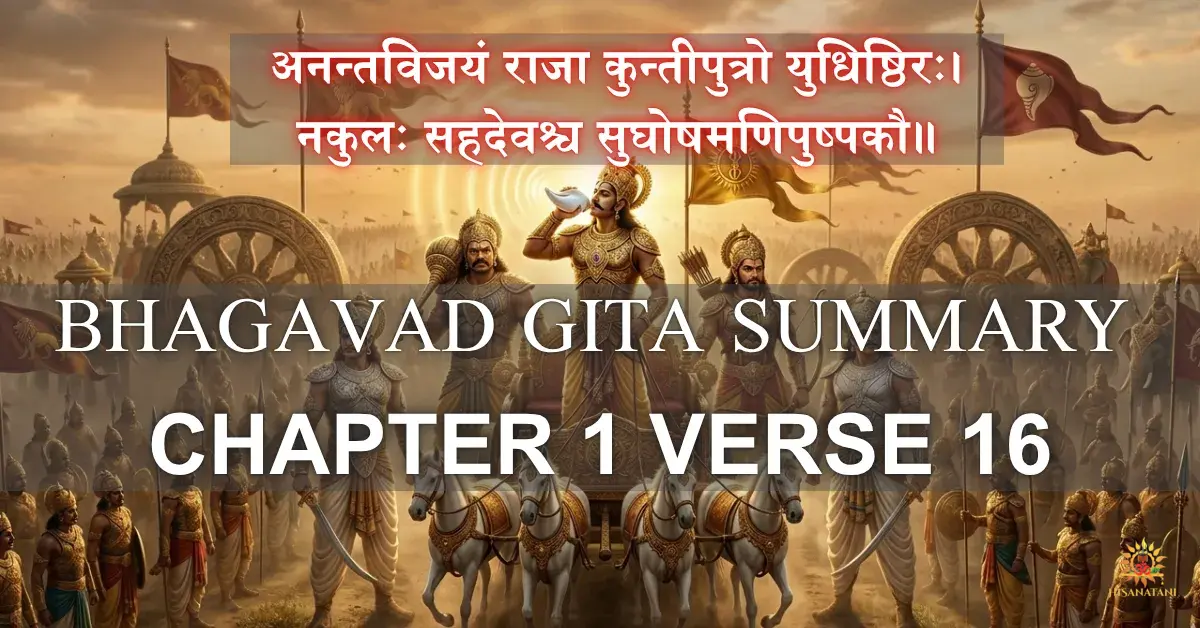 A cinematic depiction of King Yudhishthira blowing the Anantavijaya conch from Bhagavad Gita Summary 1.16 to signal divine victory.