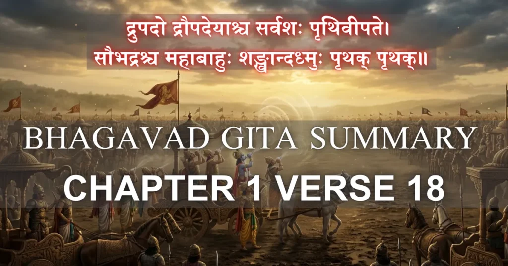 A cinematic wide shot of a sacred conch shell on the Kurukshetra battlefield, representing the Bhagavad Gita 1.18 Summary