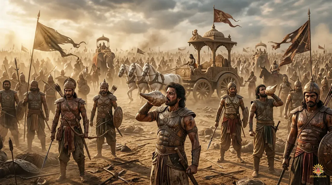 Bhagavad Gita Summary 1.15 realistic Kurukshetra battlefield with warriors and conch blowing showing ancient war atmosphere.