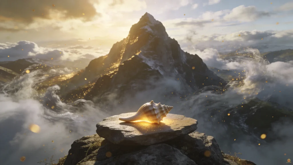 Bhagavad Gita Summary 1.14 symbolized by a calm mountain peak with conch above chaos