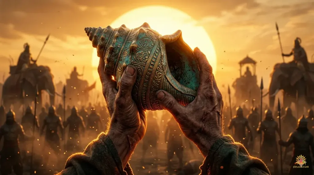 Hands lifting a conch shell against the sun, illustrating the practical challenge of Bhagavad Gita Summary 1.16.